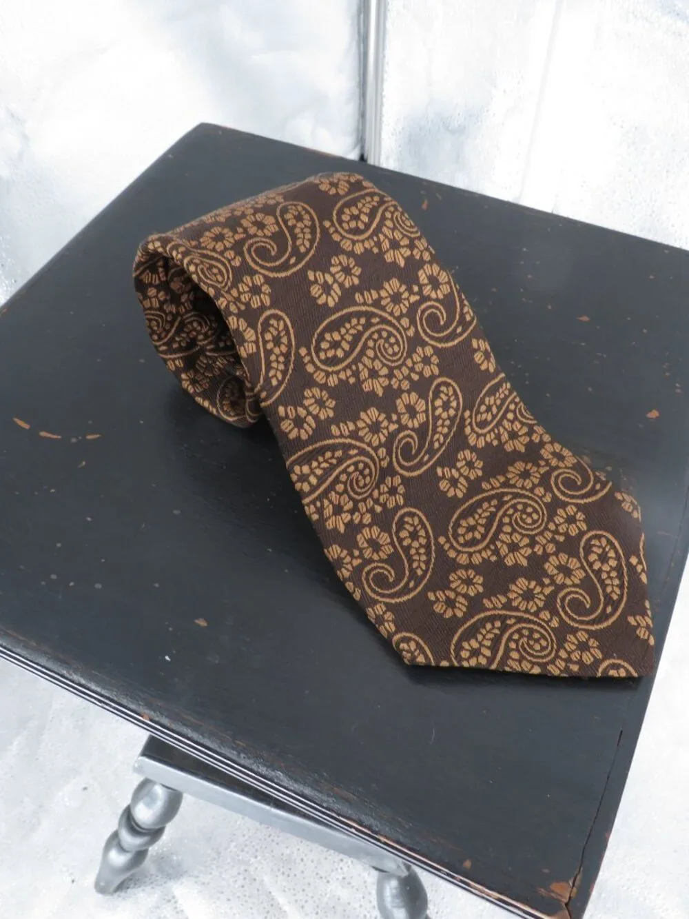 Vintage Smoothie Button Down Necktie Brown Gold Paisley Pattern Men OS Tie Retro